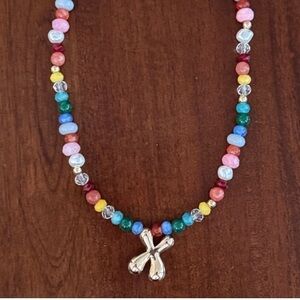 NWT Anthropologie Colorful Beaded X Bubble Letter Monogram Necklace